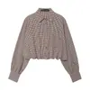 Atacado Fábrica de Roupas Femininas Transfronteiriça 2026 Primavera Novo Estilo Moda Casual Camisa Cropped Balão Xadrez Pequeno