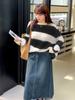 Suéter de punto retro a rayas con cuello redondo para mujer, nuevo de otoño, talla grande mm, top tipo blusa holgada rasgada 120074