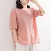 Camisa Bordada de Algodón y Lino Estilo Nuevo Verano 2023 para Mujer, Pulóver Artístico Holgado, Manga Corta con Puño Bordado, Cuello en V, Talla Grande