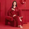 Novos Pijamas de Primavera/Outono para Mulheres, Algodão Puro Confortável, Manga Longa, Calça Longa, Corte Amplo, Gola Lapela, Vermelho, Ano do Rato, Cardigã, Roupa de Casa