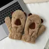 Luvas de Pelúcia de Capivara Fofas para Mulheres no Inverno, Forradas com Lã para Heattech, Podem Ser Penduradas no Pescoço para Ciclismo, Proteção Contra o Frio para Estudantes, Luvas Completas