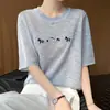 Camiseta de mujer de verano nuevo estilo, resistente, cuello redondo, lino de bambú, manga corta, bordado de poni, corte holgado, fina, moderna, simple, transfronteriza