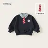 Roupas Infantis Bangxuan Tops para Meninos Primavera e Outono Novo Moletom Estiloso com Gravata Conjunto de Duas Peças Infantil Estilo Academia Roupas para Crianças Pequenas