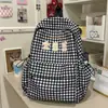 Mochila xadrez cinza mescla com bordado de estrela, estilo soft girl japonês, mochila de grande capacidade para meninas do ensino fundamental II e médio, mochila escolar fresh