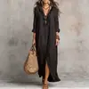 Camisa Longa Feminina Lisa com Gola V e Babados para Primavera, Verão e Outono, Estilo Preguiçoso Casual com Botões