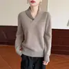 Suéter de tricô 100% lã estilo francês com decote V para mulheres, design moderno com gola dobrável, camada base quente para outono e inverno