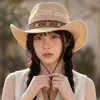 Chapéu de Palha Estilo Étnico Western Cowboy para Mulheres, Chapéu de Palha de Aba Larga para Protetor Solar de Verão, Chapéu Jazz com Proteção Solar para Homens