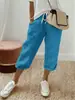Multicor em estoque moda verão 2026 calça cropped feminina cor sólida casual cintura elástica modeladora perna reta item quente