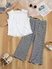 Traje de Verano Nuevo con Top sin Mangas de Lazo + Pantalones de Campana Rayados Ropa Infantil Transfronteriza
