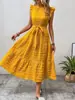Novo vestido feminino estilo europeu e americano com gola de renda franzida, sem mangas, cintura com amarração, estilo fresco, saia longa com barra larga