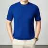 Camiseta de Punto Fina de Lujo Ligero para Hombre, Manga Corta para Primavera y Otoño, Moda y Tendencia, Sencilla Camisa Base de Lana con Cuello Semi Alto