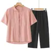 Novo Conjunto de Verão Estilo Chinês da Mamãe, Camisa Ocidental de Decote V, Camisa Solta Antiga de Verão para Mulheres de Meia-Idade e Idosas