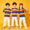 Fantasia infantil de performance listrada arco-íris conjunto de roupa de dança hip-hop cheerleading para atividades de jardim de infância e ensino fundamental conjunto de uniforme de aula moderno