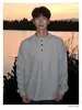 Camiseta Masculina Retro Americana Cor Sólida Gola Redonda Manga Longa Primavera e Outono Nova Loose Pesada Malha Waffle Pulôver Top t maré