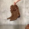 Botas femininas estilo retrô com bico fino, salto grosso, fivela e salto empilhado, novas e versáteis para o verão e outono de 2026, botas western cowboy que emagrecem