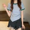 Camiseta de manga corta de algodón con cuello redondo irregular para mujer, ropa de moda, única y elegante, diseño novedoso de verano