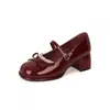 Zapatos Mary Jane de tacón grueso estilo francés con lazo, nueva colección otoño 2026 para mujer, punta poco profunda, correa única, zapatos versátiles de piel
