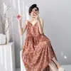 Nuevo Estilo Bata de Noche de Algodón y Seda para Mujer, Verano Delgada Talla Grande Estampada Dulce Floral Pijama, Ropa Exterior sin Mangas de Tirantes