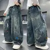 Jeans rectos holgados de pierna ancha para hombre, estilo casual americano, lavados, vintage, con graffiti pintado a mano, para primavera y otoño, de alta calle