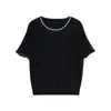 Top de Tricô Preto com Gola Redonda, Manga Curta e Pedrarias de Alto Padrão para Mulheres, Novo Estilo Verão 2026, Elegante e Emagrecedor para o Dia a Dia