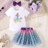 Roupas de Aniversário e Ano Novo para Bebês Europeias e Americanas Transfronteiriças Chapéu com Estampa de Letras de Desenho animado Roupa de Tutu Saia Tutu Adereço de Cabeça conjunto