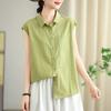 Foto Real de Camisa Artística de Color Puro 2025 para Mujer Verano Estilo Japonés Camisa Casual Suelta Delgada Solapa Chaleco Top para Mujer