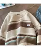 Suéter Rayado de Bloques de Color de Moda para Hombre Otoño e Invierno Estilo Japonés Holgado Cuello Redondo Pulóver Prendas de Punto de Moda Suéter Chaqueta Retro