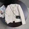Jaqueta Tweed Feminina Estilo Coreano Off-White Curta Francesa Elegante Nova para Primavera e Outono 2025