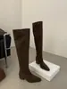 Botas Longas Caqui de Camurça Retrô, Botas Acima do Joelho, Botas Femininas, Botas Slim Estilo Francês Outono e Verão, Botas de Salto Grosso