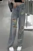 Jeans Rasgados de Cintura Alta de Nuevo Estilo para Primavera y Otoño con un Diseño Elegante, Pantalones Casuales de Pierna Recta Ancha Brillantes de Largo Hasta el Suelo