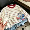 Camiseta de manga larga a rayas de retazos de algodón puro para niños, nuevo estilo primavera y otoño, camiseta básica elegante y holgada para niños