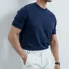 Nueva camiseta de punto de manga corta de verano para hombre, color liso de seda helada, cuello redondo, ajuste slim, moderna para negocios, camiseta, venta al por mayor transfronteriza