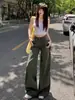 Pantalones Cargo de Tiro Bajo Americanos para Mujer Otoño 2025 Nuevos Verde Militar Petite Casual Sueltos Jeans de Pierna Ancha