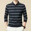 Camisa polo de listras finas para homens, camisa base de manga comprida, casual e versátil, estilo retrô japonês, top azul masculino