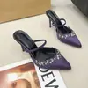 Coleção de verão 2026: sandálias de bico fino, com aplicação de strass, de salto alto, salto agulha, na cor champanhe, com tira única, estilo meia-chinelo, para uso externo, femininas