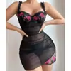 Lencería Europea y Americana Sexy Nueva Transparente de Encaje con Aros Push-Up Bordado Soluble en Agua Camisón Ajustado Glúteos