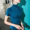 Camisa básica de color liso con cuello medio alto para mujer, manga corta, corte entallado, nuevo estilo de verano 2023, cuello vertical, media manga, combina con todo para primavera y verano.