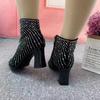 2025 Nuevas Botas de Moda de Metal con Lentejuelas y Punta Fina Botines Cortos con Pedrería Estilo Extranjero de Gama Alta Tacones Altos Negro