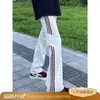 Pantalones Deportivos Versátiles de Mezcla de Algodón Estilo Americano Grises con Tres Rayas Otoño Invierno Cintura Alta Pantalones Rayados Casuales