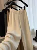 Calça de tricô de cashmere feminina de perna larga, cintura alta, com caimento fluido, espessada para calor extra e design até o chão