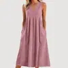 Ropa de Mujer Nueva Transfronteriza Europea y Americana Primavera y Verano Casual Holgada Moda Retro Algodón y Lino Sin Mangas Cuello en V Vestido con Bolsillo