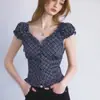 Top de Moda Nuevo Estilo Francés a Cuadros Bloques de Color Manga Abullonada Fruncida Cuello en V Sexy Camiseta Adelgazante