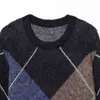 Comércio Exterior Roupas Femininas Primavera e Outono 2026 Estilo Europeu e Americano Moda Casual Solto Padrão Xadrez de Diamante Gola Redonda Suéter de Tricô para Mulheres K41749