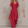 Moda Femenina Europea y Americana Nueva de Verano 2026 Elegante Color Sólido Cuello en V Cintura Ajustada Bolsillo con Botón Mono de Pierna Ancha