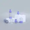 Botella cosmética transparente morada al por mayor para rellenar, botella de 15 ml, 30 ml, 50 ml, botella para rellenar loción tipo push