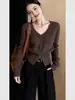 Elegante e estiloso top de café com meio zíper, novidade outono/inverno 2026, gola V, malha casual para o dia a dia, manga longa