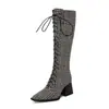 Botas Femininas Estilo Europeu e Americano Estampa de Leopardo Bico Quadrado Cadarço Salto Grosso Botas Altas Martin Botas 8004