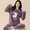 Pijamas Nuevos de Otoño e Invierno para Mujer, Franela Engrosada, Pantalones Largos Casuales de Dibujos Animados Dulces, Ropa de Casa de Terciopelo Coral para Mujer