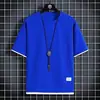 Camiseta de Manga Corta para Hombre Verano Tendencia Marca Waffle Falso Dos Piezas Superior Delgado Holgado Cuello Redondo Casual Camisa Base