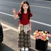 Conjunto de Verão para Meninas 2026 Novas Roupas de Verão Luxo Leve Nicho Alta Qualidade Requintado Polo Manga Curta Renda Babado Calça Quadriculada